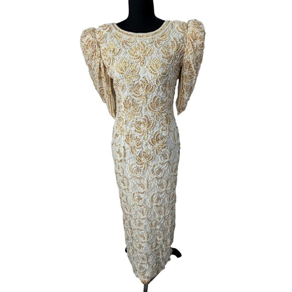 VINTAGE 80s Judith Ann Creations Ivory Gold Beaded Sequin Gown Dress Small